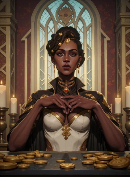 The magnificent woman Mel, dramatic expression, intense emotions, dynamic pose, vibrant colors, intricate details, cinematic composition, epic atmosphere, intense shadows, realistic anatomy, perfect hands, detailed face, dramatic perspective. A lot of Candles around her. Lots of gold coins with her face on it falls around her. This realistic digital painting captures every crease heavily shadowed to add a mysterious depth to her expression. Inside a grand Piltover mansion, Art Deco meets Hextech elegance. Gilded columns, intricate stained-glass windows, and crystal chandeliers glow with blue Hextech energy. Velvet drapes, polished marble floors, and ornate brass details exude opulence. She has a mischievous look in her eyes. The air hums with quiet sophistication and innovation. Overall, this impeccably detailed image evokes a sense of captivating contradiction and intrigue. masterpiece, best quality, highly detailed, intricate details, vibrant colors, cinematic lighting, 8k, ultra-realistic <lora:FluxMythG0thicL1nes:0.4> <lora:FluxMythR3alisticF:0.3> <lora:lora:0.3> <lora:add_detail:0.5> <lora:mel-medarda:0.8>