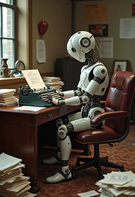 Create an image of a futuristic robot sitting at an antique wooden desk in an office, enthusiastically typing on an old-fashioned typewriter. Piles of neatly typed pages surround the robot, adding a humorous twist to the scene.