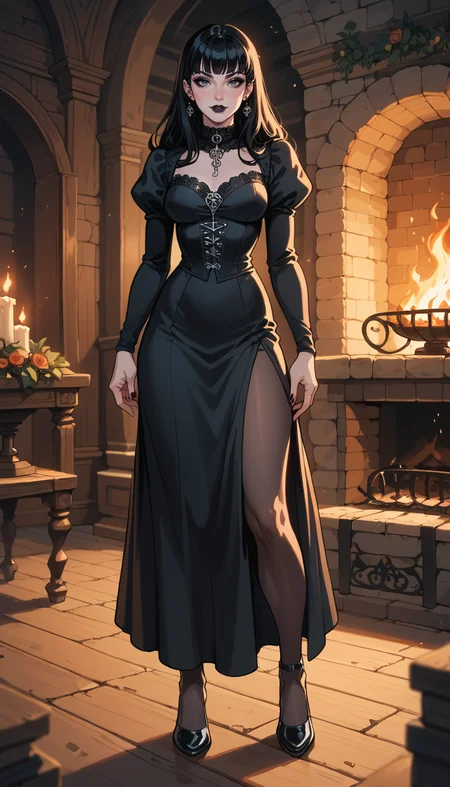 score_9, score_8_up, score_7_up, Western Comics, Full Body Shot, girl, gothic, cute, seductive, innocent, light smile:0.3, plump lips, slender body, pale skin, long straight black hair, bangs, black goth dress, medieval theme, fire in the fireplace background, depth of field, dynamic angle, fashion photography, sharp, hyperdetailed:1.15