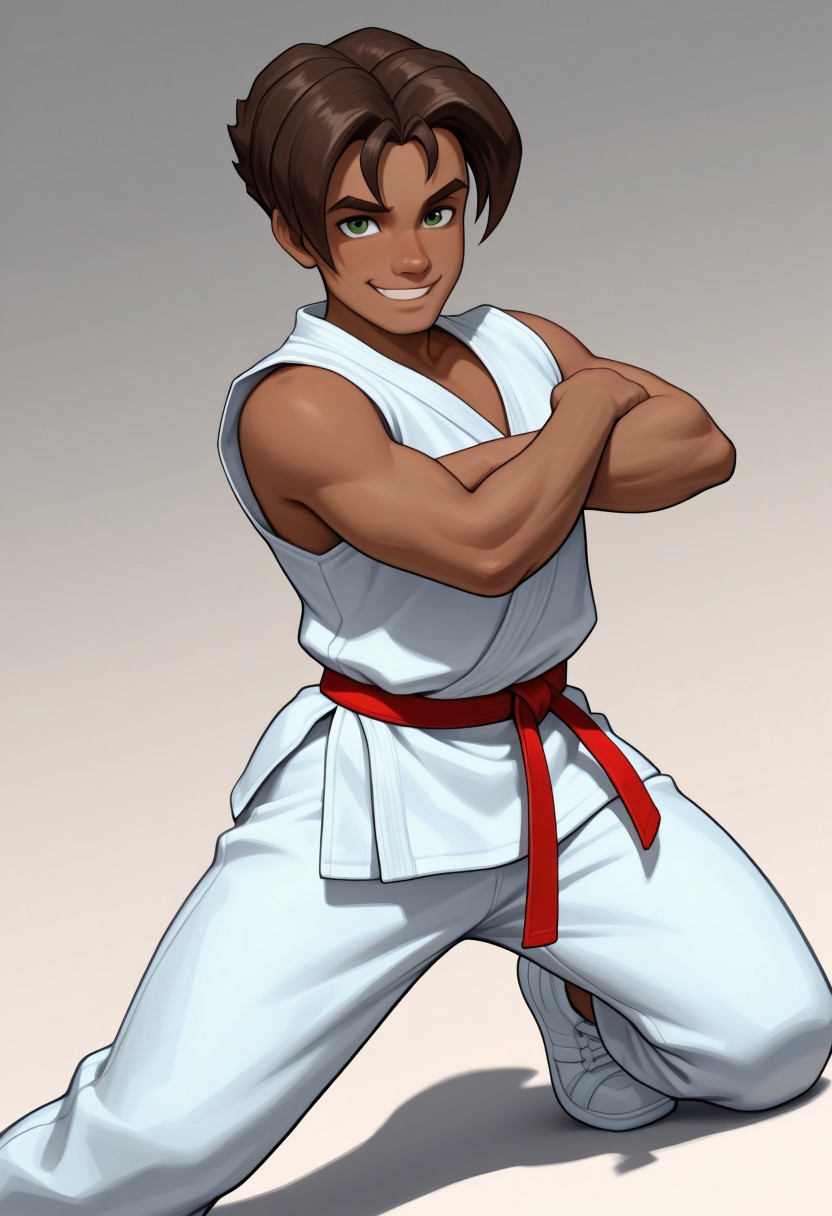 masterpiece, absurdres, high quality, perfect anatomy, 1boy, solo, cute boy, male focus, Presley, Dark Skin, Brown Hair, Green Eyes, Dougi, Red Belt, sleeveless, smug smile, cinematic, intricately detailed illustration, depth of field, masterpiece, best quality, amazing quality, very aesthetic, absurdres, newest, very awa,  shadow, dynamic angle, casual cosplay, dynamic pose, simple background,