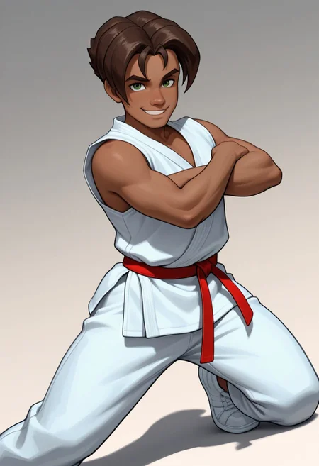 masterpiece, absurdres, high quality, perfect anatomy, 1boy, solo, cute boy, male focus, Presley, Dark Skin, Brown Hair, Green Eyes, Dougi, Red Belt, sleeveless, smug smile, cinematic, intricately detailed illustration, depth of field, masterpiece, best quality, amazing quality, very aesthetic, absurdres, newest, very awa,  shadow, dynamic angle, casual cosplay, dynamic pose, simple background,
