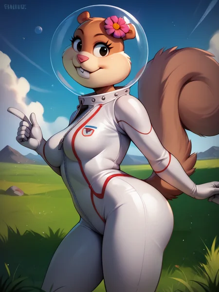 score_9, score_8_up, score_7_up, score_6_up, 1girl, leaning forward, big smile, black eyes, furry female, brown fur, squirrel tail, teeth, single hairflower, white bodysuit, white gloves, zipper, space helmet, medium breasts, curvy, looking at viewer, cowboy shot, dynamic pose, cute, solo, sexually suggestive, hills, from side, blue sky, cloud, grass, cartoon, western cartoon style,
<lora:SandyCheeks_character:1> SandyXLP