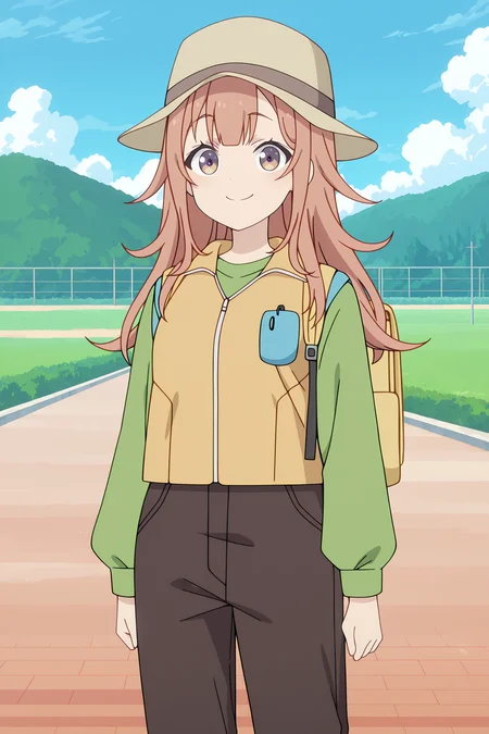 volumetric lighting, official style, amazing quality, ultra detailed, highres, detailed background, anime screenshot, anime screencap, anime coloring, masterpiece, detailed face,1girl <lora:Shinon_Ogawa__-20:0.9> Shinon Ogawa, Shinon Ogawa(Outfit 4), hat, outdoors, smile, bag, orange hair, long hair, backpack, purple and orange eyes, day, green jacket, sky, solo, bangs, long sleeves, blue sky, pants, yellow outdoor vest with blue pocket, looking at viewer, closed mouth, cloud, yellow bag, brown shorts, arms at sides