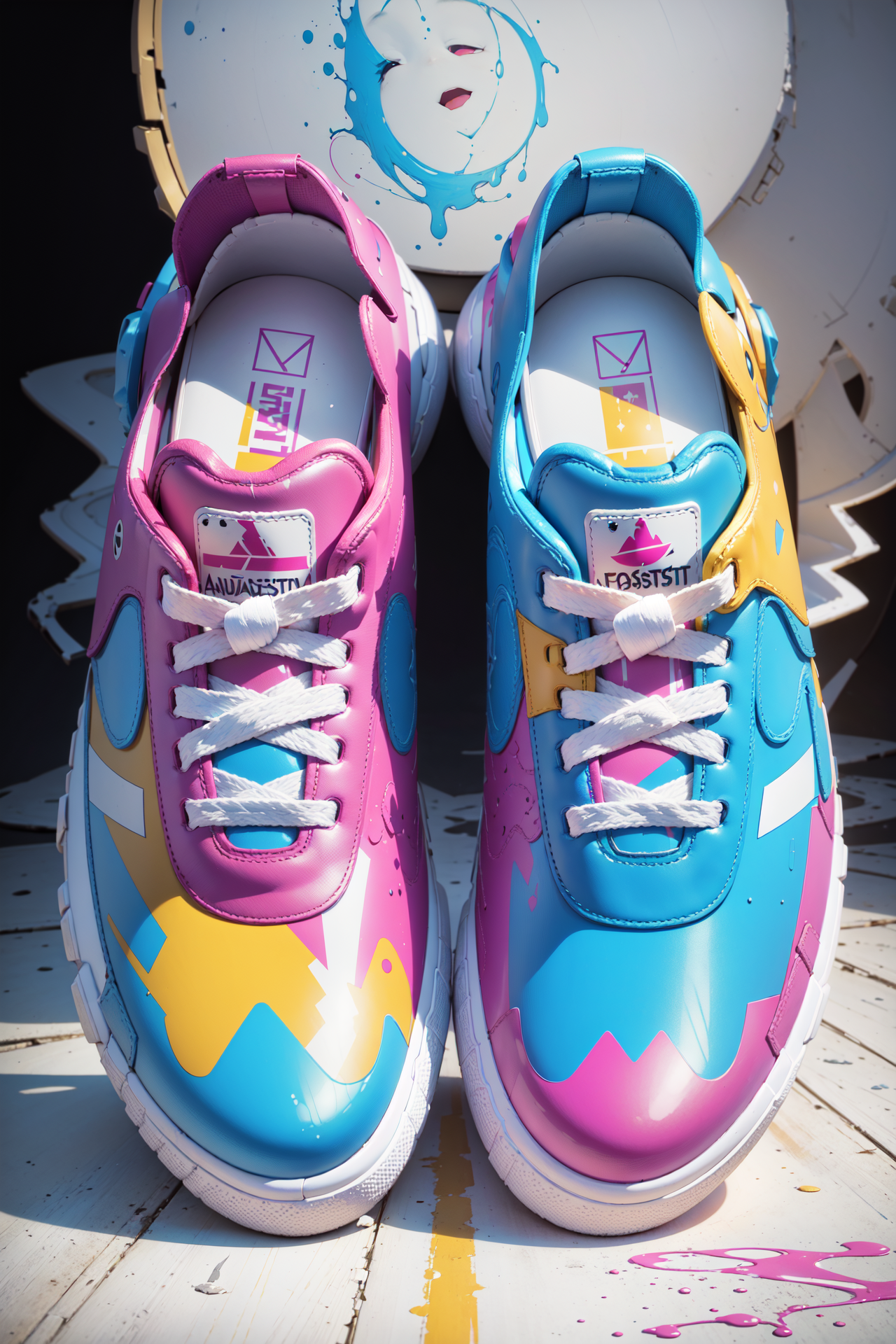 ((best quality, masterpiece, absurdres, super-resolution)), Sneaker Design, CMYK, Cyan, Yellow, Magenta, White, <lora:CMYK-CORE_v1.0:0.7>