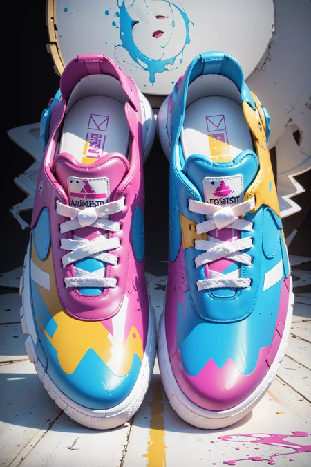 ((best quality, masterpiece, absurdres, super-resolution)), Sneaker Design, CMYK, Cyan, Yellow, Magenta, White, <lora:CMYK-CORE_v1.0:0.7>