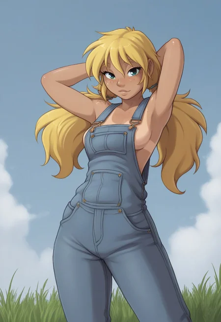 score_9, score_8_up, score_7_up, score_6_up, score_5_up, score_4_up,High resolution,High quality,Ultra-detailed,jay_naylor_style,cartoon style,BREAK,1girl, tanline, tanned skin, marryannpxljay, blonde hair, blonde hair, long hair, twintails, low twintails, natural breasts, big ass, freckles, BREAK,looks at the viewer, smiles, lies on the grass, hands behind his head, denim overalls, blue sky, fluffy clouds, green meadow,