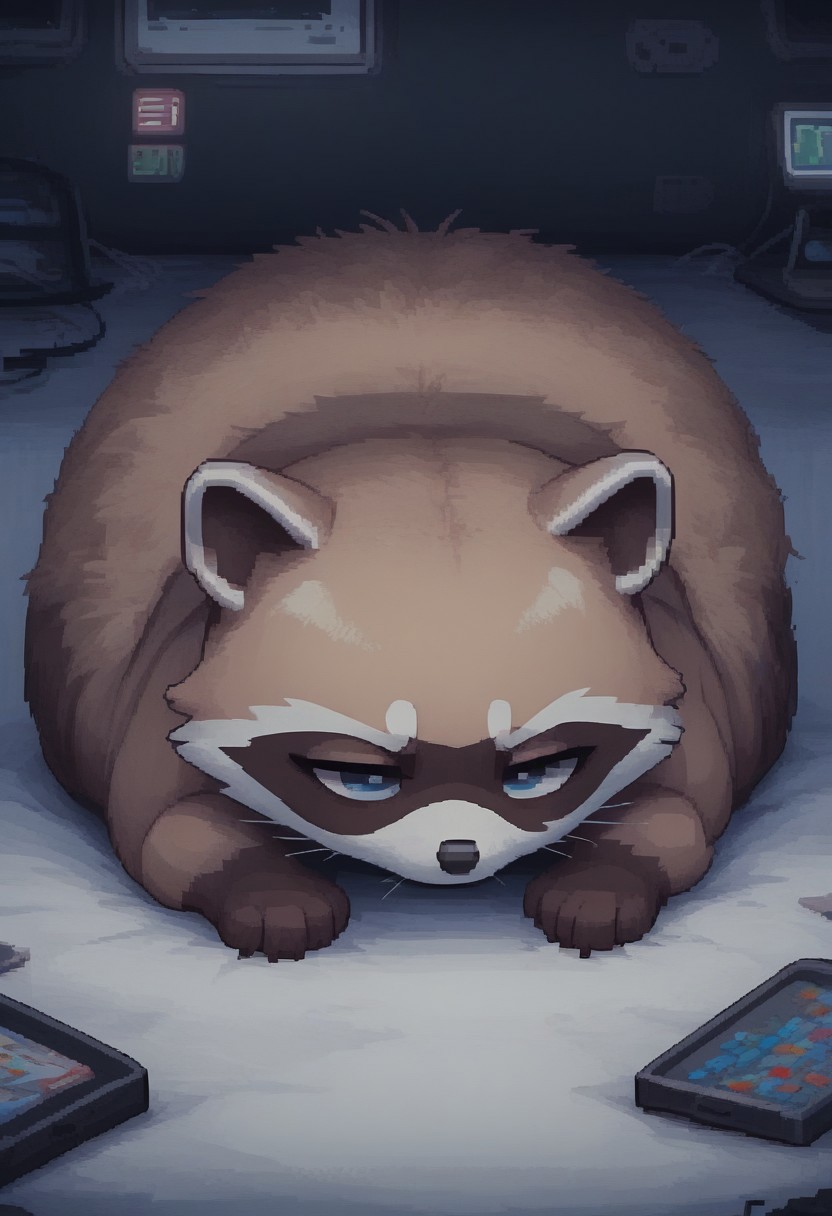 (easynegative:0.2 ) raccoon, feral, solo, puffy, lying on his stomach, two-tone body, round, lazy, tired, , half closed eyes, , shuuko, light colors, bright colours, cute, pixelart, pixel,