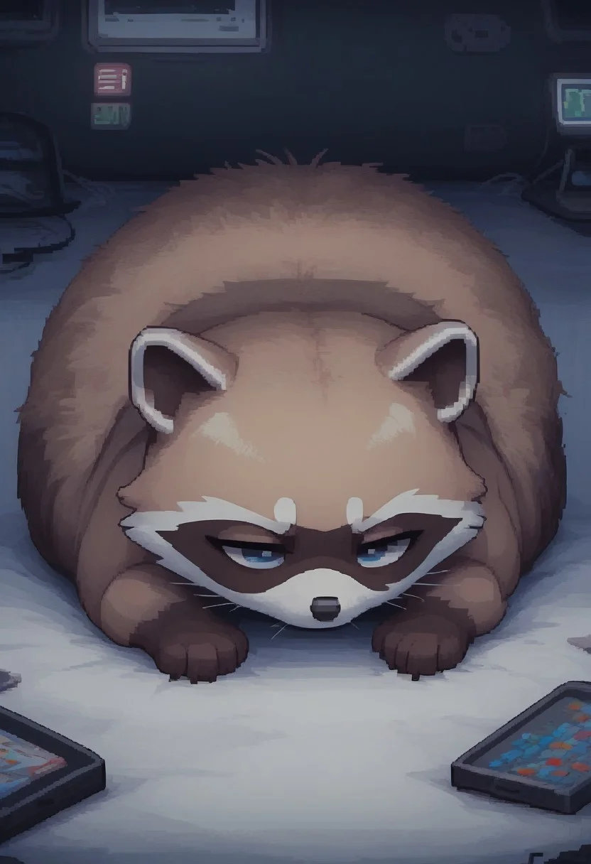 (easynegative:0.2 ) raccoon, feral, solo, puffy, lying on his stomach, two-tone body, round, lazy, tired, , half closed eyes, , shuuko, light colors, bright colours, cute, pixelart, pixel,