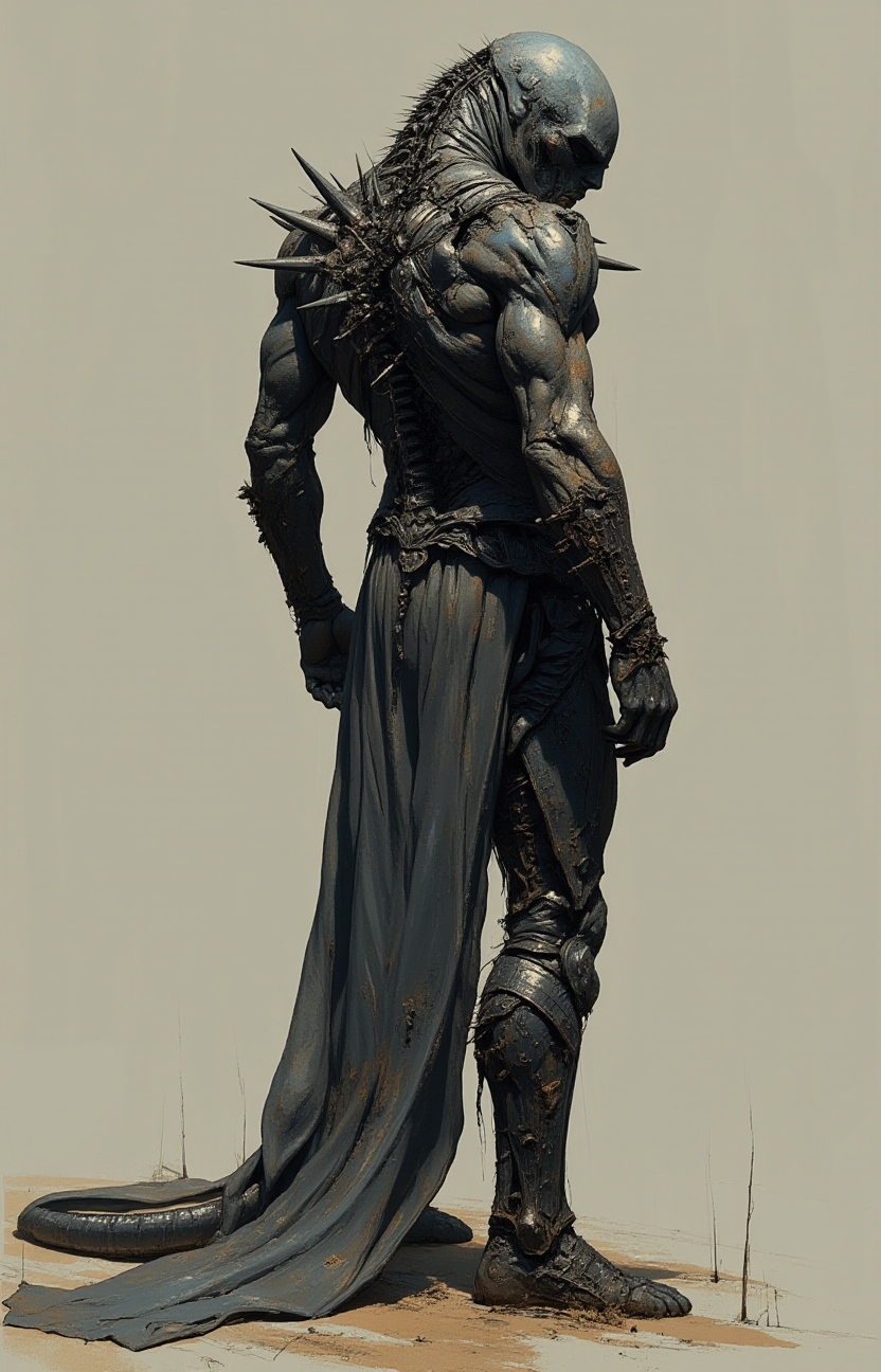 backsite of a human with a long spiky metal tail and  metal spikes attached to the spine   <lora:- Flux1 - vanta_black_V2.0:1>