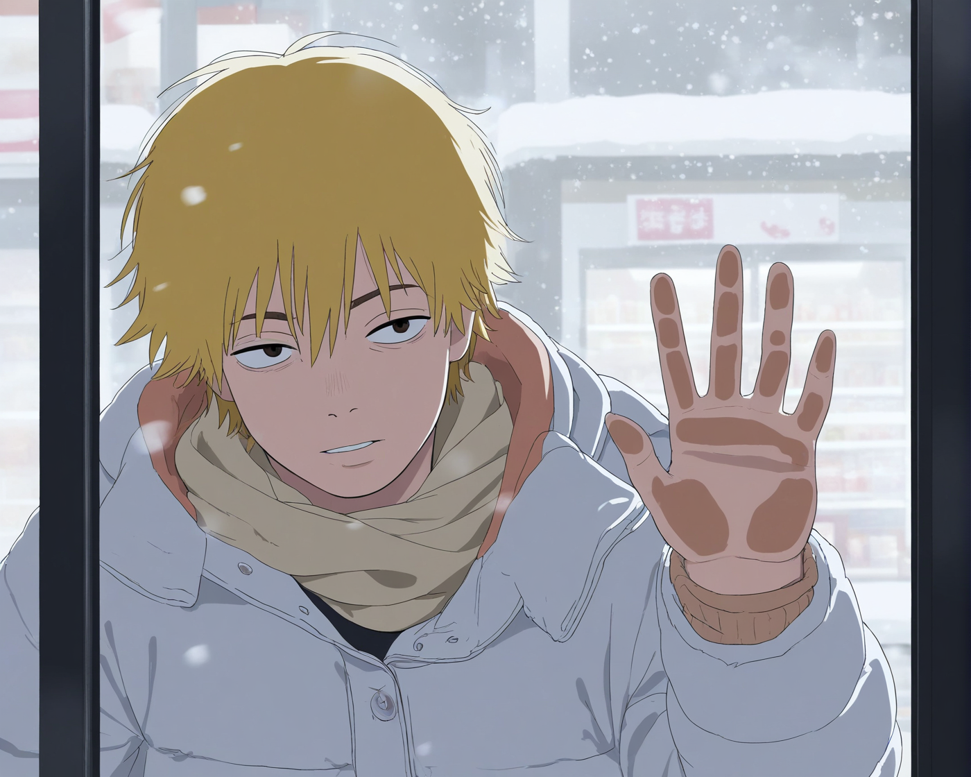snow,in convenience store,shop,winter,winter clothes,snowing,behind window,hand on glass,hand on window,warm tone,
BREAK 1boy,blonde hair,denji,mature male,mature,
masterpiece,best quality,amazing quality,very aesthetic,highres,absurdres,<lora:lookback-noob10-v2-000030>,