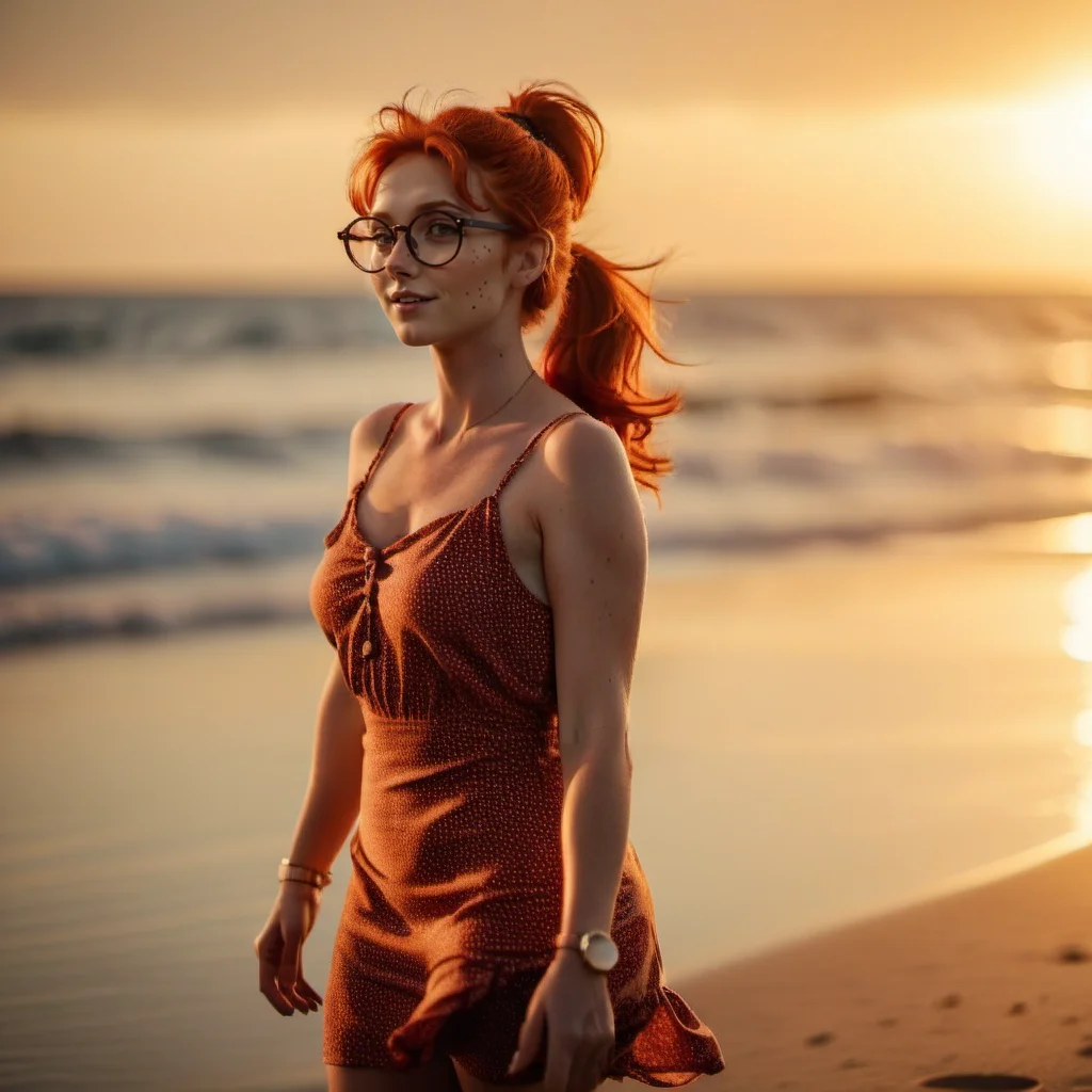 cinematic photo full body portrait 1girl, solo, round glasses, freckles, redhead, ponytail, big hair, summer dress, breast, on the beach, sunset <lora:MlleJeanne1024-step00000800:0.8> . 35mm photograph, film, bokeh, professional, 4k, highly detailed