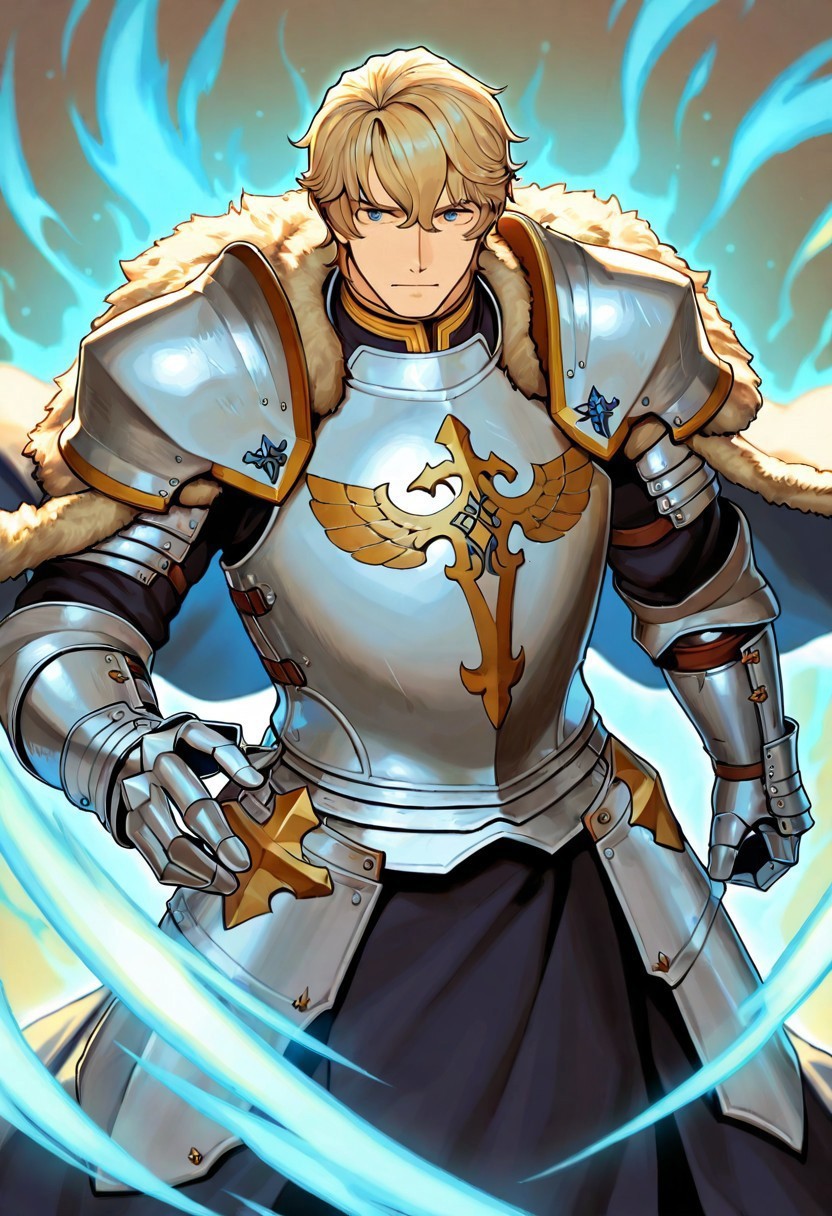 1boy, gawain_fgo,  best eyes, cuirass, pauldrons, gauntlets, faulds, cardigan, gauntlets, faulds, fur-trimmed cape, paladin, holy aura, male focus, solo