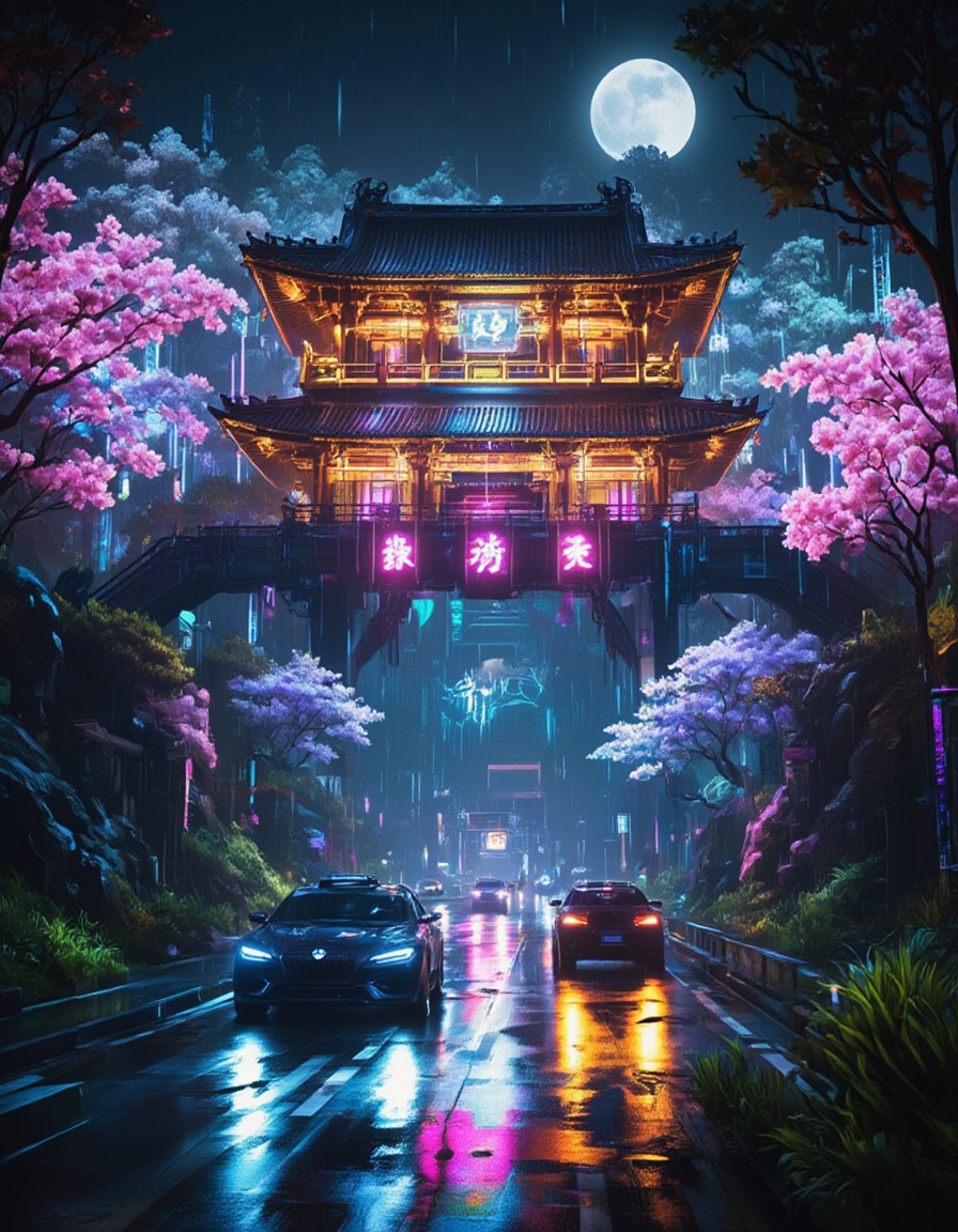 <lora:Cyberpunk_Temples_flux:0.8>  realistic photo, cyberpunk asian temple, neons, many wire, cherry blossom, glowing kanji, moon, illuminatred colorful flowers, glowing giant flowers, vegetation, tree. The rainy highway below is slick and reflective, reflecting the glowing lights above like a liquid mirror. A forest of hologram trees in the background, enhancing the dense, its gold ornate structure glowing with amber and magenta neon lighting that highlights its intricate eaves. ct_flux. Lush cherry blossom trees in full bloom frame the scene, layered aesthetic of the setting. Cyberpunk cars are passing on a highway, motion blur. Trees, grass. Green, purple, white, gold. Stuning effects, depth of field.