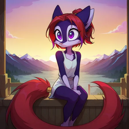 Dreamkeepers,Indi_and_Digo,1girl,solo,furry,tail,source_furry,,red hair,purple fur, purple eyes,
child, kid, , intricate linework with expressive contrasts, soft lighting with dynamic highlights, sitting in front of a tori gate at the top of a mountain, overlooking wooded hills, landscape, sunset. Impressionistic, ligne claire outlines for clarity and structure, In the style of ff-td