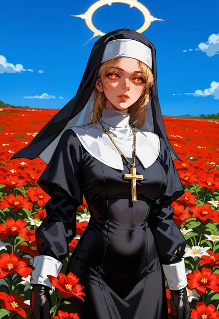 score_9, score_8_up, score_7_up score_9, score_8_up, score_7_up, score_6_up, score_5_up, score_4_up,
<lora:GrungeV12:0.8> grung3,
1girl, solo, breasts, looking at viewer, simple background, long sleeves, gloves, dress, jewelry, standing, flower, outdoors, cowboy shot, sky, black gloves, hood, necklace, black dress, halo, blue background, glowing, cross, red flower, facing viewer, veil, glowing eyes, straight-on, nun, habit, field, flower field, covered face