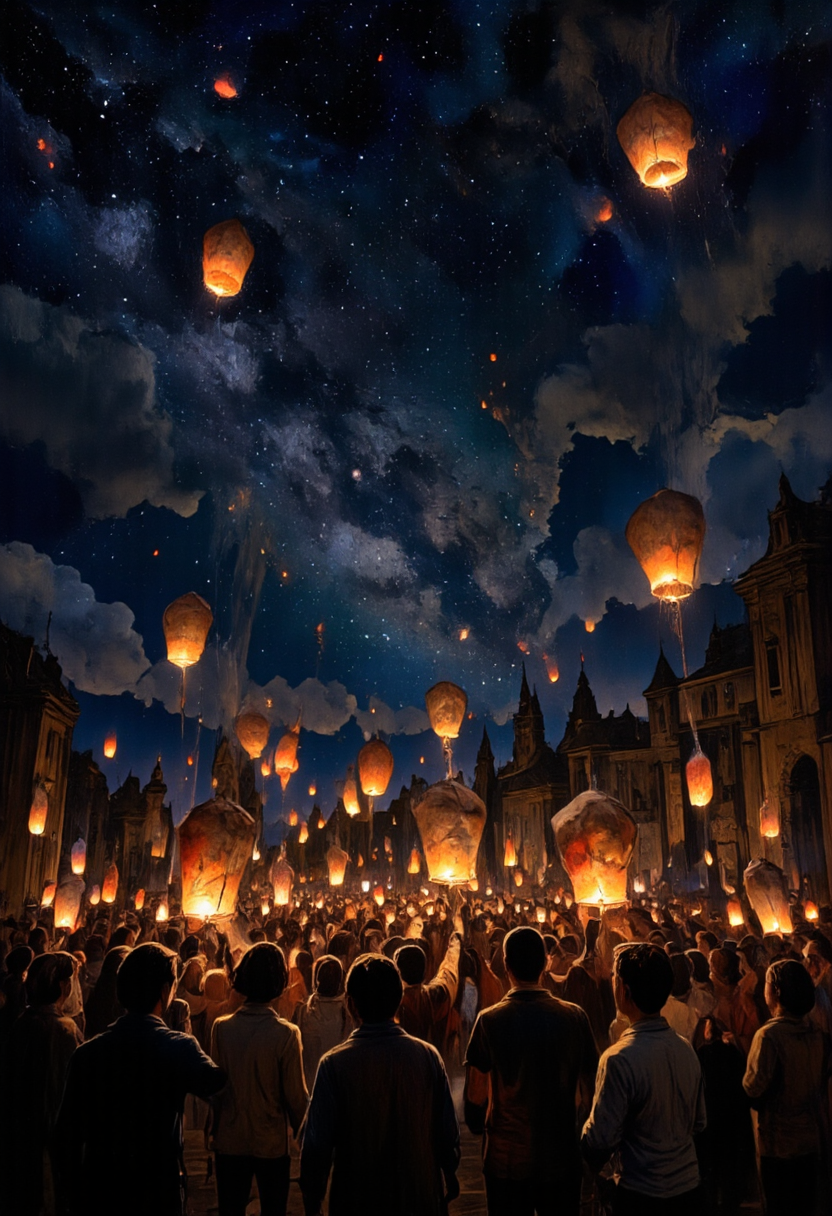 A community lighting lanterns and releasing them into the night sky, Celebrationsin memadukan_painter art style, <lora:Memadukan_Brush_Strokes_of_Fineart-000006:1.0>