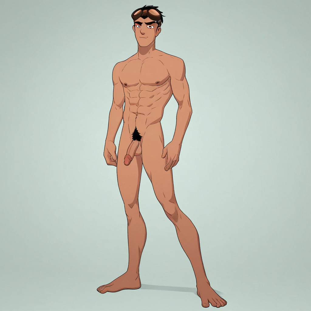 rex, 1boy, male focus, solo, goggles, goggles on head, brown eyes, pubic hair, completely nude, abs, penis, balls, standing, full body,  score_9, score_8_up, score_7_up, score_6_up <lora:vinceteaa_020_04v2-step00000400r:1> good face, good eyes,