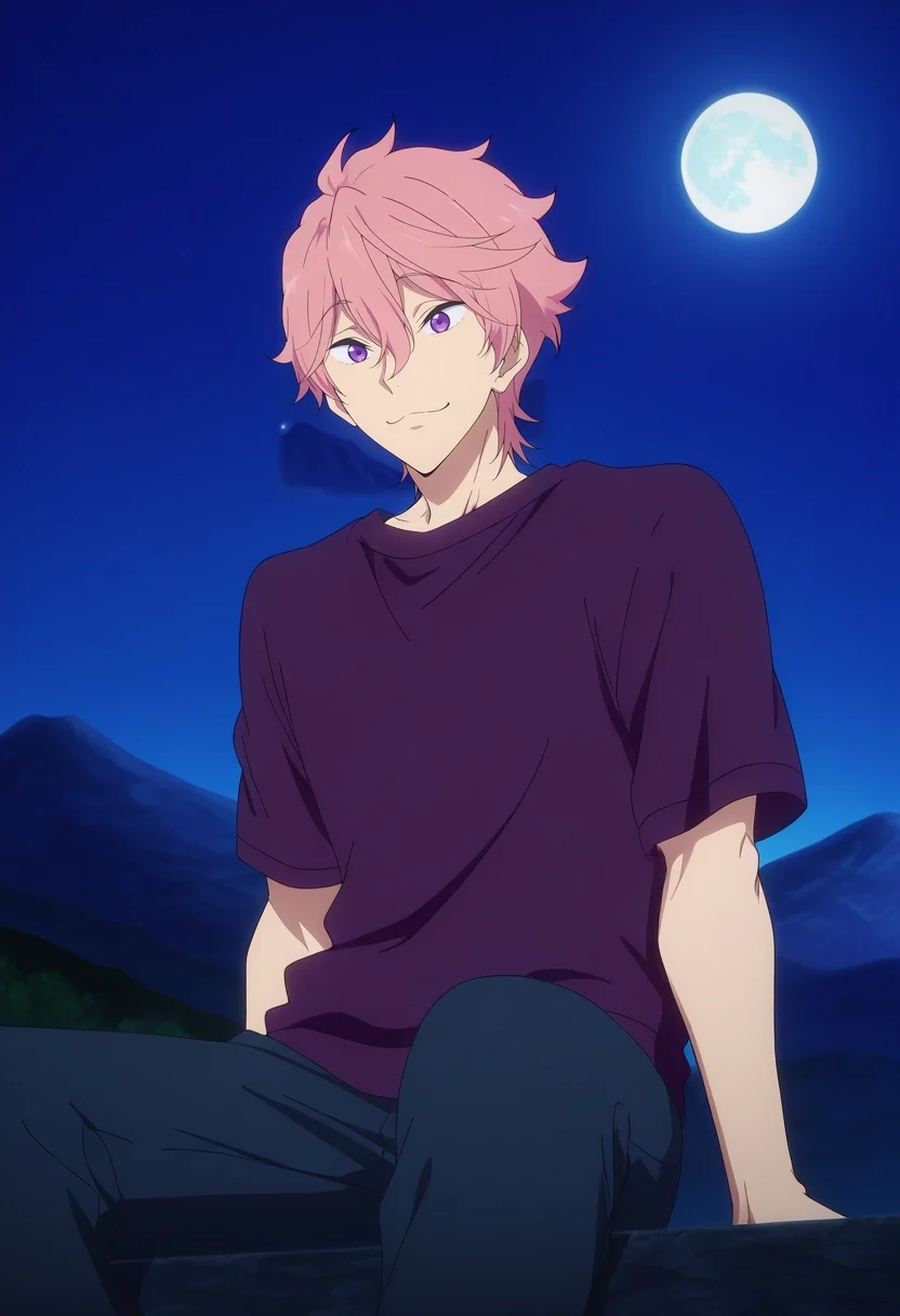 masterpiece, best quality, anime screencap, official style, anime coloring, cowboy shot, 1boy, solo, male focus, <lora:kisumi_shigino_ilxl:0.98>, kisumi_shigino, pink hair, purple eyes, hair between eyes, , wide angle, wide shot, cowboy shot, mountain, night, full moon, sitting, :\3,
