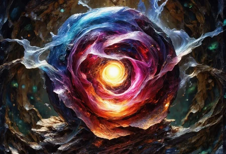 Ultra-realistic 8K resolution, Octane render, Unreal Engine 5 masterpiece, dark academia aesthetic, enchanted glass terrarium containing: one hybrid heliotrope-roses with translucent ruby gemstone petals (vitreous refraction), metallic obsidian stems (bioluminescent vascular system), liquid mercury dewdrops suspended mid-fall, spiral cerulean nebula core emitting plasma tendrils, fractured amber glass veins pulsing with trapped starlight, quantum foam escaping through dimensional cracks, non-Euclidean spacetime geometry, vantablack void background with gravitational lensing distortion, chrono-crystalline lattice framework, volumetric photon mapping event horizon glow, subsurface scattering in petal nanostructures, temporal anomaly causing timeline overlaps, hyperdetailed microbiology under gemstone epidermis, gothic biodigitalpunk style blending Zdzisław Beksiński and Ernst Haeckel, photorealistic macro photography meets celestial cartography, trending on ArtStation --ar 16:9 --v 6.0 --no cartoonish, flat colors, symmetry, human elements