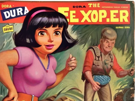A pulp cover poster featuring dora the explorer VintageMagStyle <lora:SDXL-VintageMagStyle-Lora:1>