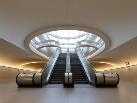 <lora:JJsMetroStation_XL:1>, ((Metro Station)),building,masterpiece , best quality, soft lighting, high quality, indoors,  building, scenery,real world location, sign, sunlight, sky, daytime,  enough detail, high resolution, super realistic, Photorealistic, highly detailed,reflection,glass,  esclator, hall way, curvy ceiling, reflection floor, stairs,
