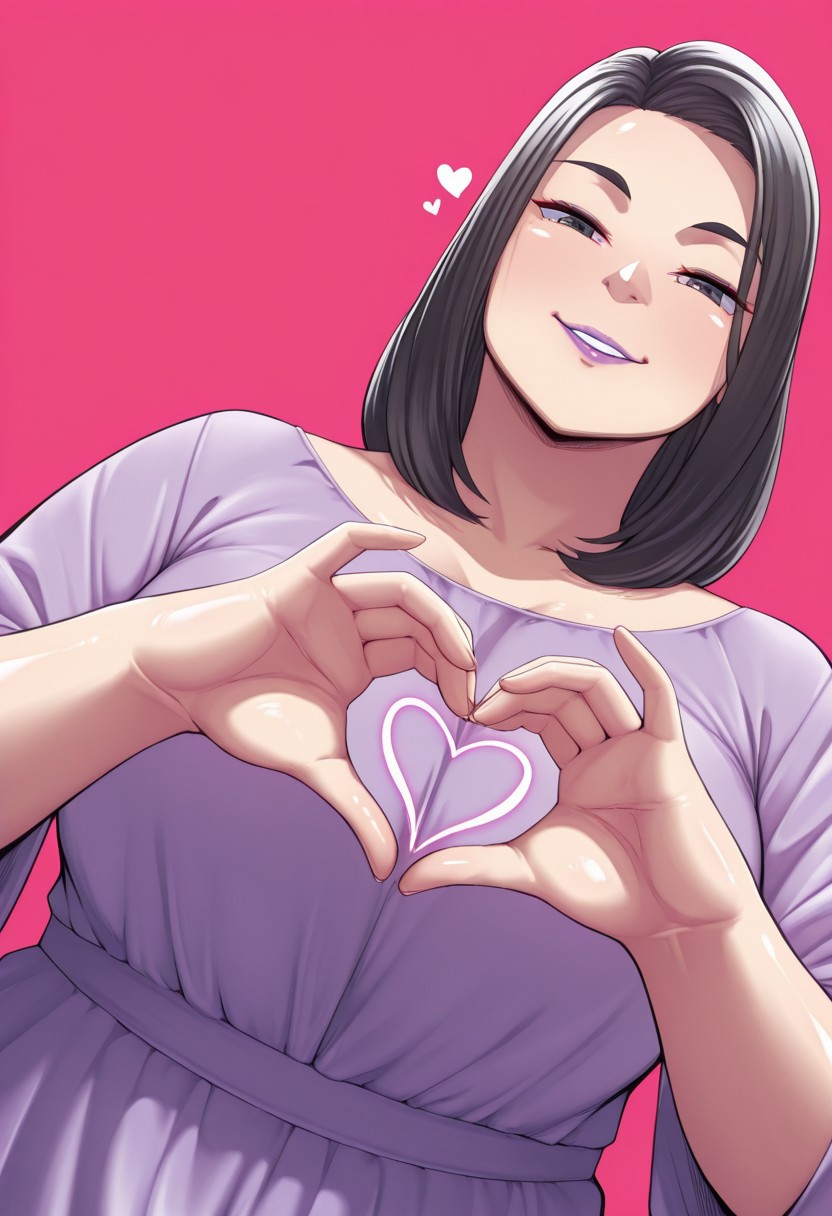 kum02j0, 1girl, solo, medium build, medium hair, sfw, safe for work, covered skin, flowy dress,  black eyes, purple lipgloss, smiling, portrait, upper body, heart hands, mature female, foreshortening, detailed, newest, shiny skin, cowboy angle, solo focus, medium breasts,