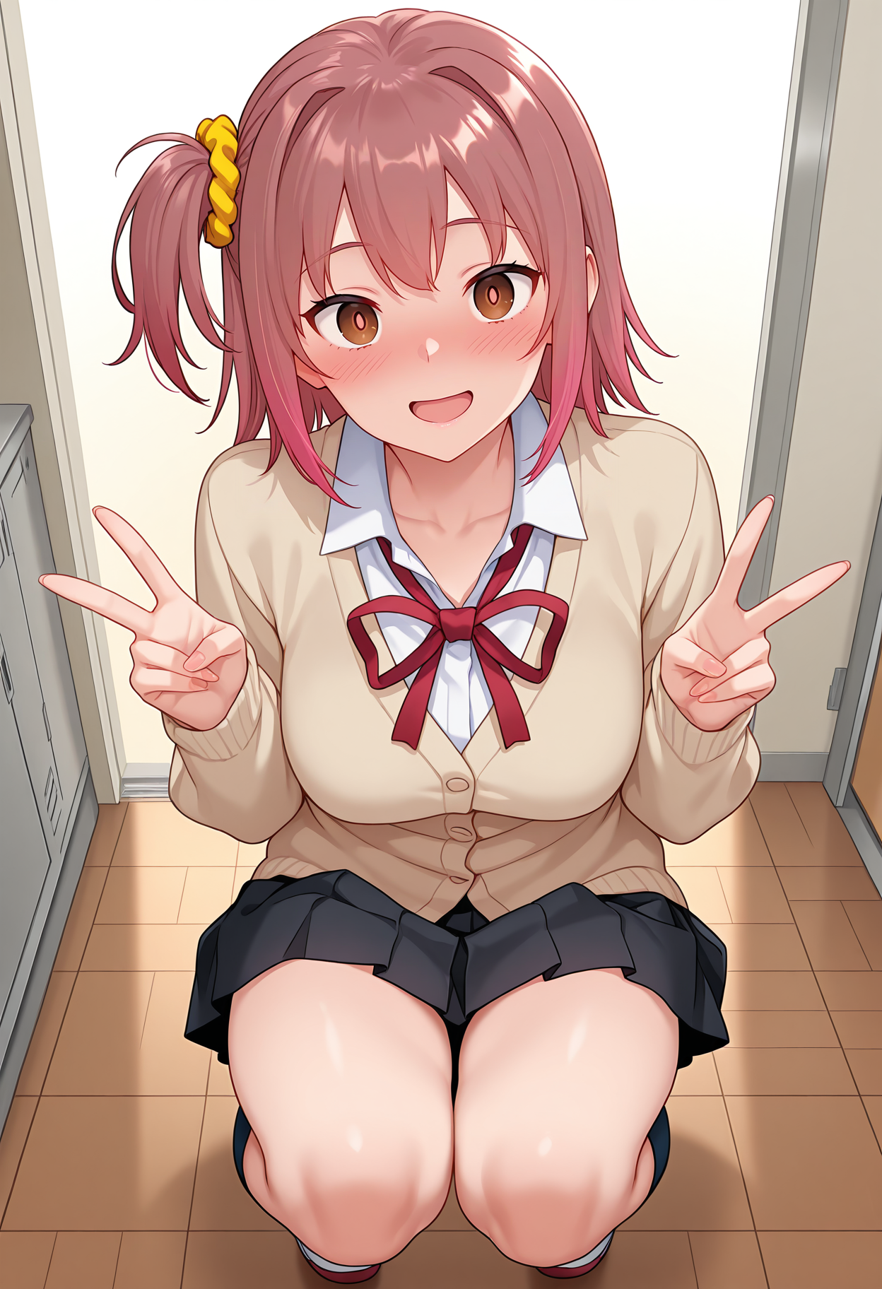highres, best quality, masterpiece, indoors, 
1girl, solo, smaphnt, brown hair, pink hair, short hair, side ponytail, scrunchie, brown eyes, medium breasts, 
school uniform, red ribbon, cardigan, pleated skirt, black skirt, 
blush, open mouth, looking at viewer, 
mind control, brown pupils,
squatting, double v, smile,
<lora:_hinata_saimin_app-elesico-ilxl-000013:1>