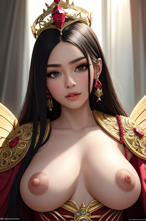 (best quality:1.2), (masterpiece:1.2), (detailed),wearing costume, (Behance contest winner:1.2), fantasy art, crown of giant rubies, 3D goddess portrait, style of Ross Tran, captivating lighting, 8k resolution, striking facial expression, (elaborate costume details:1.3), vibrant colors, powerful presence, (ethereal glow:1.1) ,(photorealistic) and (Realistic) and Detailed Skin Textures and detailed skin pores and high skin detail,detailed breasts and detailed nipples and detailed areolas and detailed natural pubic hair and detailed pussy