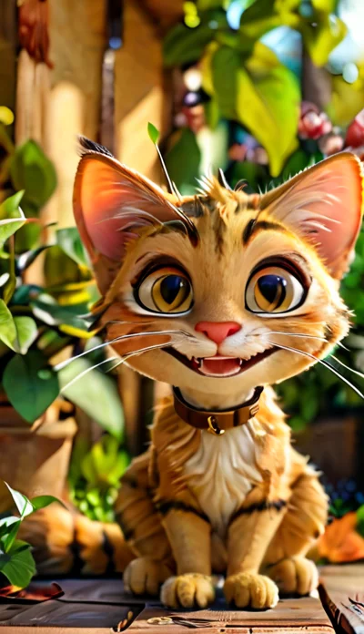 funny cat, orange fur, long whiskers, shiny white teeth, small body, big head, sitting on a wooden table, garden <lora:Cute_3D_Cartoon:1>