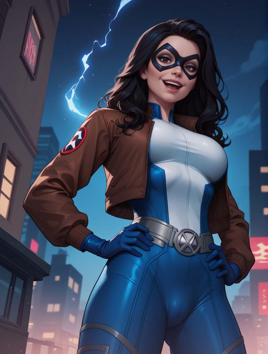 score_9, score_8_up, score_7_up,score_6_up, score_5_up, score_4_up , 1girl, solo, 
large breasts,
dreamerdg,
long hair, brown eyes, black hair,
blue bodysuit, blue gloves, superhero, domino mask, 
looking at viewer, 
aura, 
half-closed eyes, 
smile, open mouth, 
hands on hips, small bulge,
from below, 
city, night, 
bomber jacket, brown jacket,
<lora:Dreamer DG PonyXL V1-000002:1>