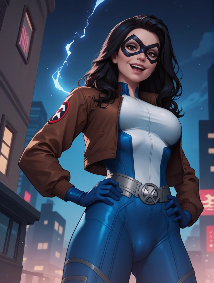 score_9, score_8_up, score_7_up,score_6_up, score_5_up, score_4_up , 1girl, solo,
large breasts,
dreamerdg,
long hair, brown eyes, black hair,
blue bodysuit, blue gloves, superhero, domino mask,
looking at viewer,
aura,
half-closed eyes,
smile, open mouth,
hands on hips, small bulge,
from below,
city, night,
bomber jacket, brown jacket,
<lora:Dreamer DG PonyXL V1-000002:1>