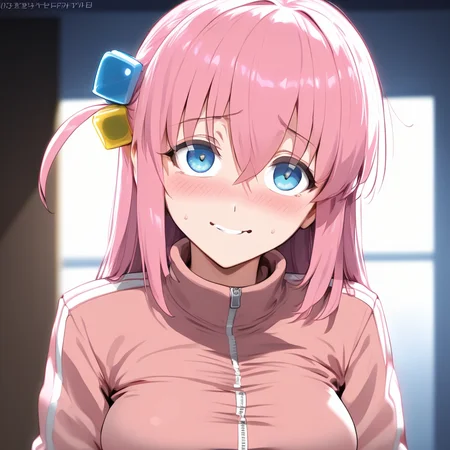 (extremely detailed CG unity 8k wallpaper),eye catching,(masterpiece), (best quality), (ultra-detailed), extremely detailed,(best illustration), an extremely delicate and beautiful ,CG ,unity ,8k wallpaper,solo, smile, masterpiece, best quality, smile, highly detailed, score_4_up, score_anime, score_realstic, gotou1, gotou hitori, solo, skirt, pink jacket, track jacket, bangs, hair between eyes, long sleeves, medium breasts