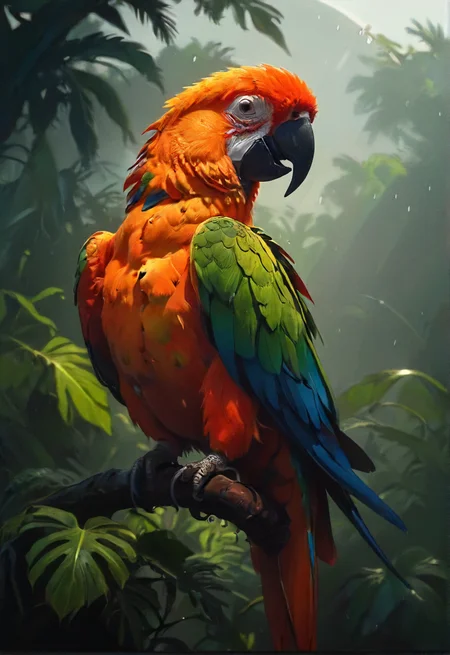 colorful parrot, playful , (ruffed feathers:1.2), dawn, dew, jungle, rain, windy storm, dark, calm, slumber incoming, back-light, silhouette, filigree shadows, <lora:SDXL - Style - EldritchRomanceIllustration_0.9.1:0.7> <lora:XL_boss_battle:0.2> <lora:- SDXL - vntblk_vanta_shapes_V1.0:0.7>