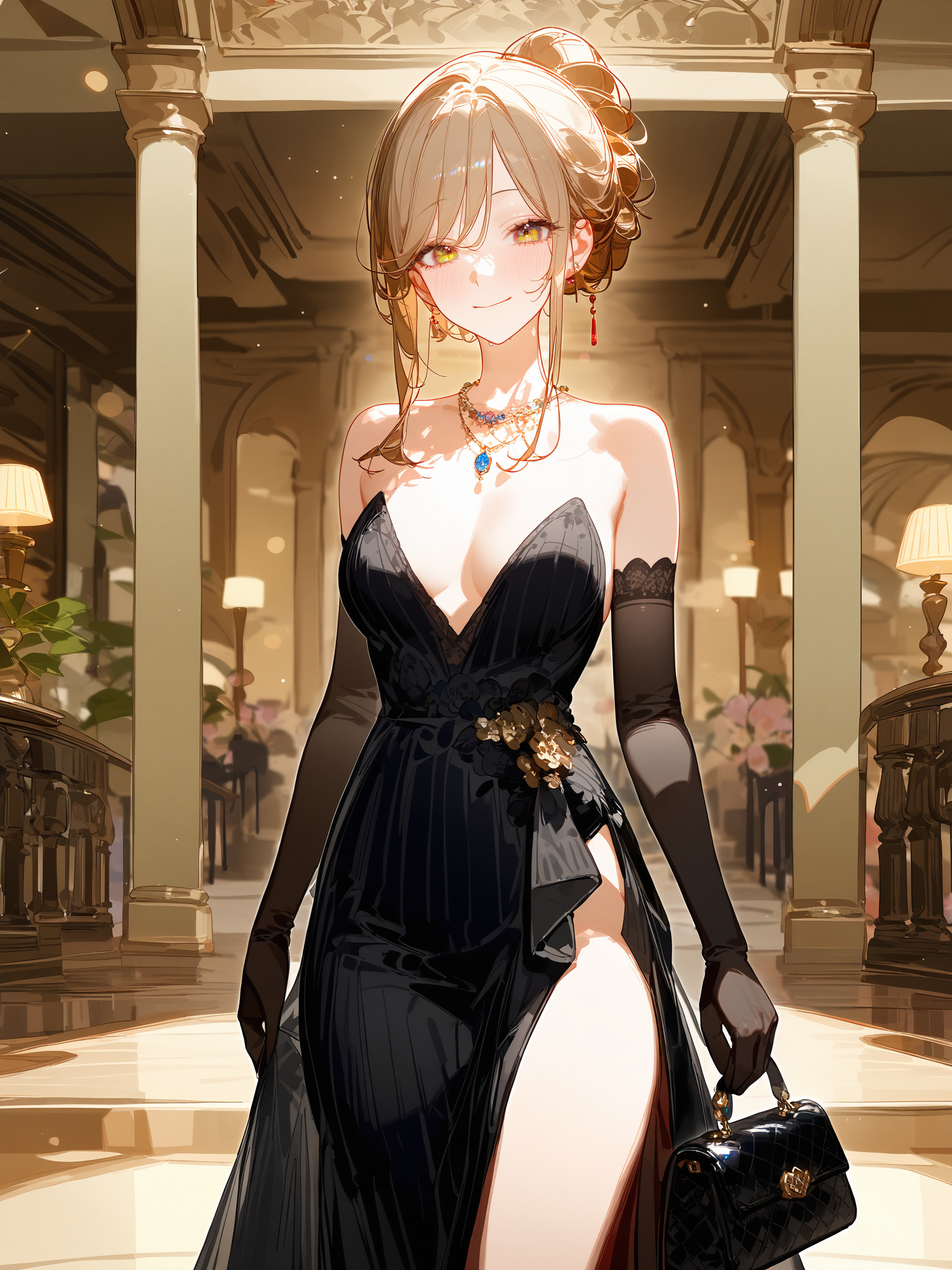 1girl, sena ajisai, hair up, solo, elbow gloves, necklace, black evening gown, holding handbag, standing, cowboy shot, light smile, looking at viewer, ballroom, indoors, depth of field <lora:Char-Sena_Ajisai-V1-SDXL:0.9>, illustration, incredibly absurdres, ultra detailed, masterpiece, best quality, perfect features, intricate details, ray tracing, very aesthetic, (hitenkei, askzy:0.4), [<lora:XL-detailed_notrigger:0.95>::0.5], [:<lora:XL-aesthetic_anime:1.2>:0.5]