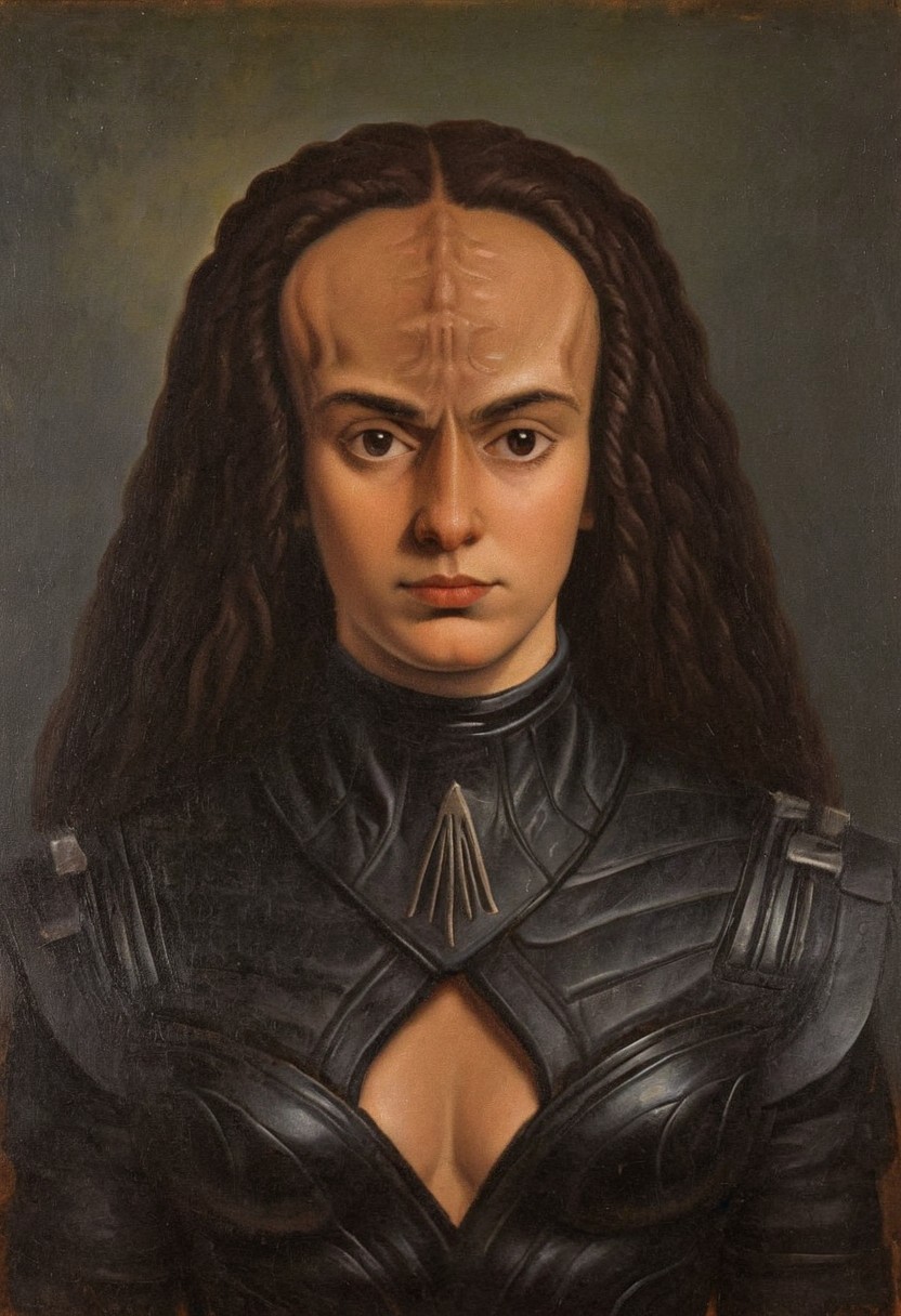 intricate detailed AH_Hayez oil painting upper body portrait of a female  kling0n alien princess, leather dress, forehead ridges, light brown skin, nose ridges, large eyebrows