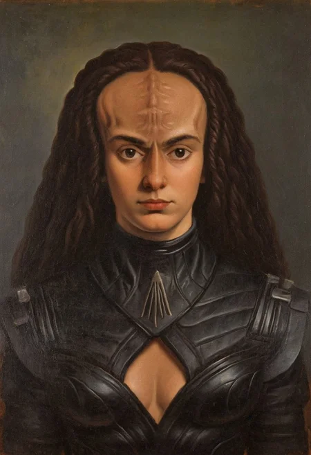 intricate detailed AH_Hayez oil painting upper body portrait of a female kling0n alien princess, leather dress, forehead ridges, light brown skin, nose ridges, large eyebrows