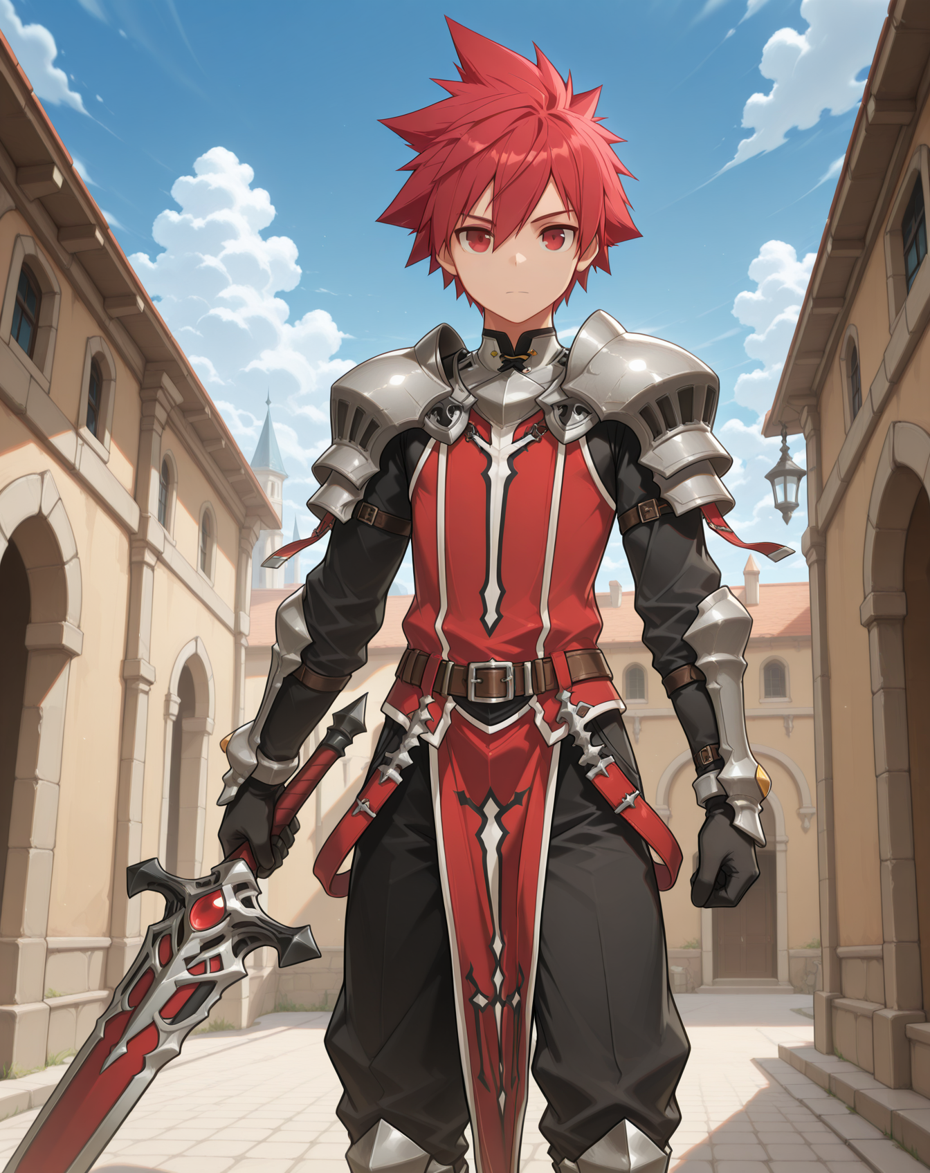 masterpiece, amazing quality, best quality, absurdres, very aesthetic,
1boy, solo, yaoi, male focus, cowboy shot, upper body, looking at viewer, face focus,
<lora:Elsword_Lord_Knight_ilxl:1> elswordlk, red hair, red eyes, spiked hair, adult, 
shoulder armor, black gloves, black pants, pauldrons, surcoat, tabard, knee boots, belt, greaves, armored boots,
holding weapon, holding sword, left-handed, 
outdoors, day, blue sky,