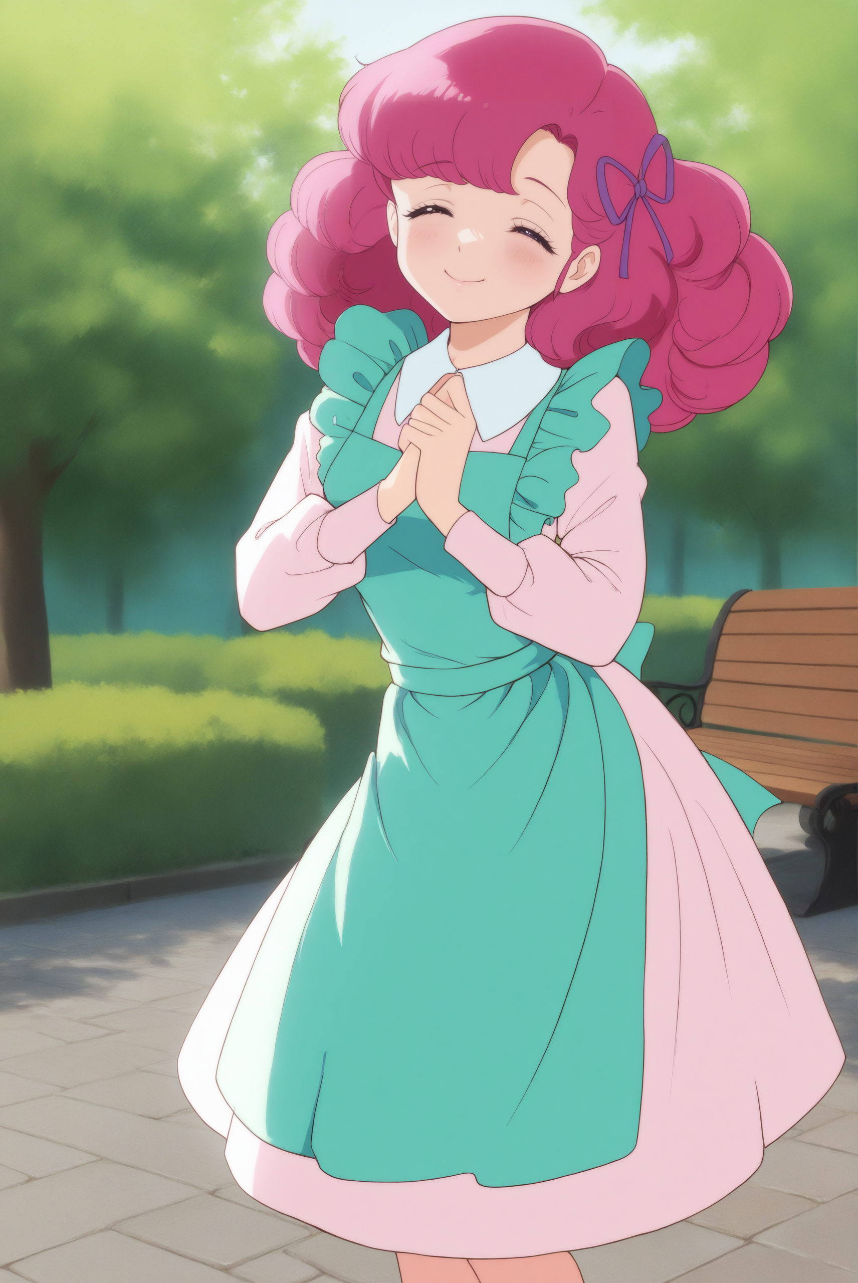 <lora:Ran V2.1:0.8> Ran, pink eyes, curly hair, pink hair, bangs, retro artstyle, 1980s (style), ApronDress, aqua apron, collared dress, maid apron, ribbon, hair ribbon, 
happy, closed mouth,^ ^, blissful smile, half-closed eyes, arched back, feet out of frame, looking at viewer, (1girl:2, solo:2), 
masterpiece, best quality, very aesthetic, absurdres, amazing quality masterpiece, hyper-detailed, (8k uhd::1.4), intense atmosphere, detailed clothing, dramatic lighting, (perfect hands), detailed face, 
park, park bench, tree, stone walkway,