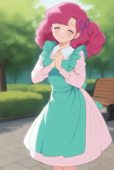 <lora:Ran V2.1:0.8> Ran, pink eyes, curly hair, pink hair, bangs, retro artstyle, 1980s (style), ApronDress, aqua apron, collared dress, maid apron, ribbon, hair ribbon, 
happy, closed mouth,^ ^, blissful smile, half-closed eyes, arched back, feet out of frame, looking at viewer, (1girl:2, solo:2), 
masterpiece, best quality, very aesthetic, absurdres, amazing quality masterpiece, hyper-detailed, (8k uhd::1.4), intense atmosphere, detailed clothing, dramatic lighting, (perfect hands), detailed face, 
park, park bench, tree, stone walkway,