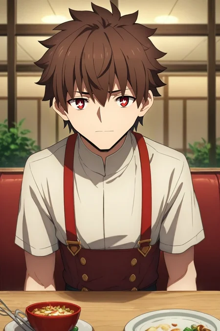 zPDXL, score_9, score_8_up, score_7_up, rating_safe, intricate details, looking at viewer, depth of field, 1boy, satou kazuma, kono subarashii sekai ni shukufuku wo!, brown hair, red eyes, solo, asymmetrical, restaurant, indoors, leaning back, heart eyes, <lora:fate_go_style_pony:0.92>, fate_go_style, , <lora:sdxl_lightning_8step_lora:1>