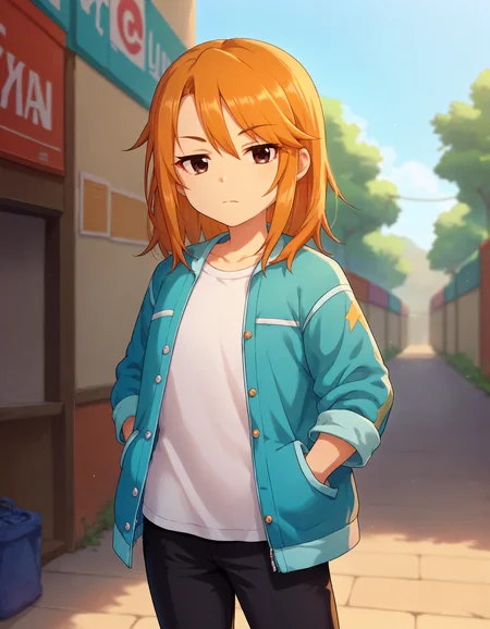 score_9,score_8_up,score_7_up,1girl,solo,cowboy shot,looking at viewer,closed mouth,hands in pockets,outdoors,
<lora:yuukiharu_ponyXLV6:0.8>,cgyh,
orange hair,medium hair,brown eyes,flat chest,
cyan jacket,white T-shirt,black pants