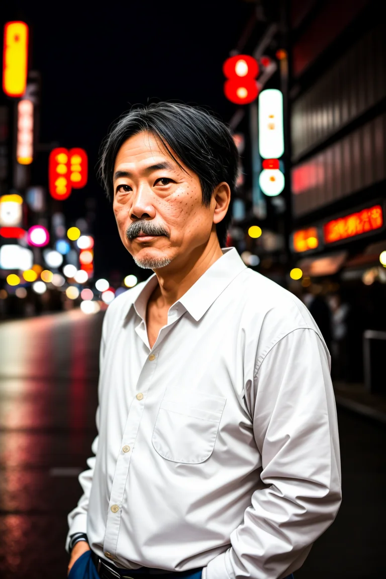 RAW photo, a portrait photo of 50 y.o japanese man in clothes, night tokyo, (high detailed skin:1.2), 8k uhd, dslr, soft lighting, high quality, film grain, Fujifilm XT3