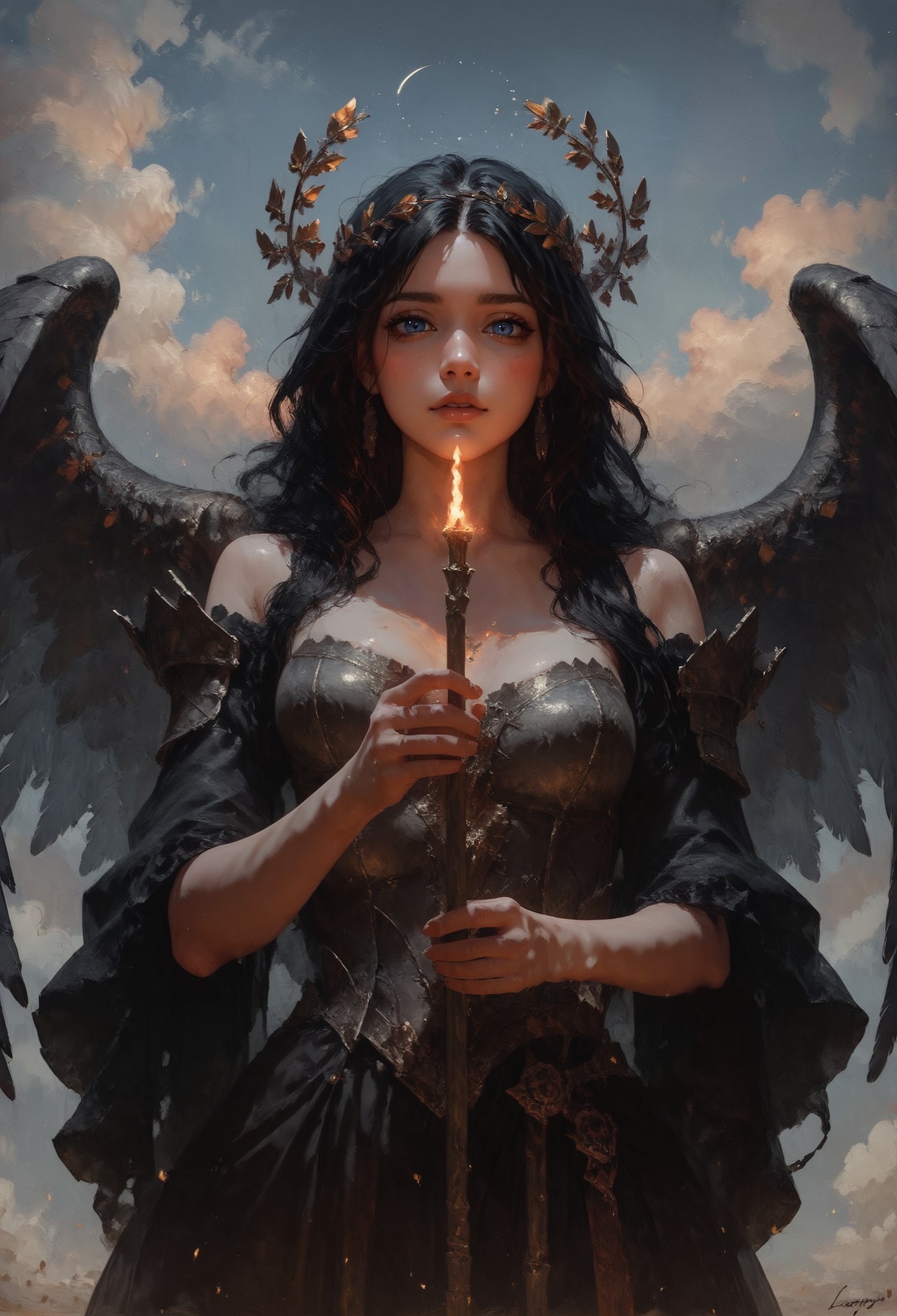 score_9, score_8_up, score_7_up,  1girl, portrait, valkyrie in gorgeous armor is holding a spear in hand, (solo), standing, golden laurel wreath crown, goddess, pale skin, beautiful face, armored dress, wings, looking at viewer, cloudy sky, holy light, light from clouds, fantasy theme  <lora:pony/twilight_style:0.8> <lora:pony/expressiveh:0.8> expressiveh <lora:pony/vixon_gothic_oil_style:0.6> d4rk01l <lora:sdxl/sinfully_stylish_sdxl>