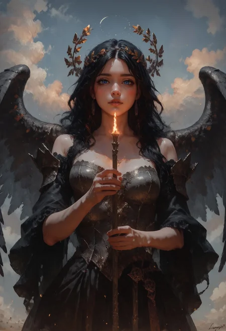 score_9, score_8_up, score_7_up,  1girl, portrait, valkyrie in gorgeous armor is holding a spear in hand, (solo), standing, golden laurel wreath crown, goddess, pale skin, beautiful face, armored dress, wings, looking at viewer, cloudy sky, holy light, light from clouds, fantasy theme  <lora:pony/twilight_style:0.8> <lora:pony/expressiveh:0.8> expressiveh <lora:pony/vixon_gothic_oil_style:0.6> d4rk01l <lora:sdxl/sinfully_stylish_sdxl>