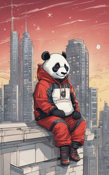 breathtaking, a cyborg anthropomorphic giant panda male furry is sitting solo on rooftop, He has very fluffy fur on cheek and animal head, mechanical arms and hands, mechanical legs and boots, He wears a short sleeves red hoodie with both proud and serious on his face, His eyes are black and shine and looking afar, city below, backlighting, night, moonlight, starry sky, shooting star, constellation, medium shot, dutch angle, award-winning, professional, highly detailed, <lora:crayons_v1_sdxl:0.8>