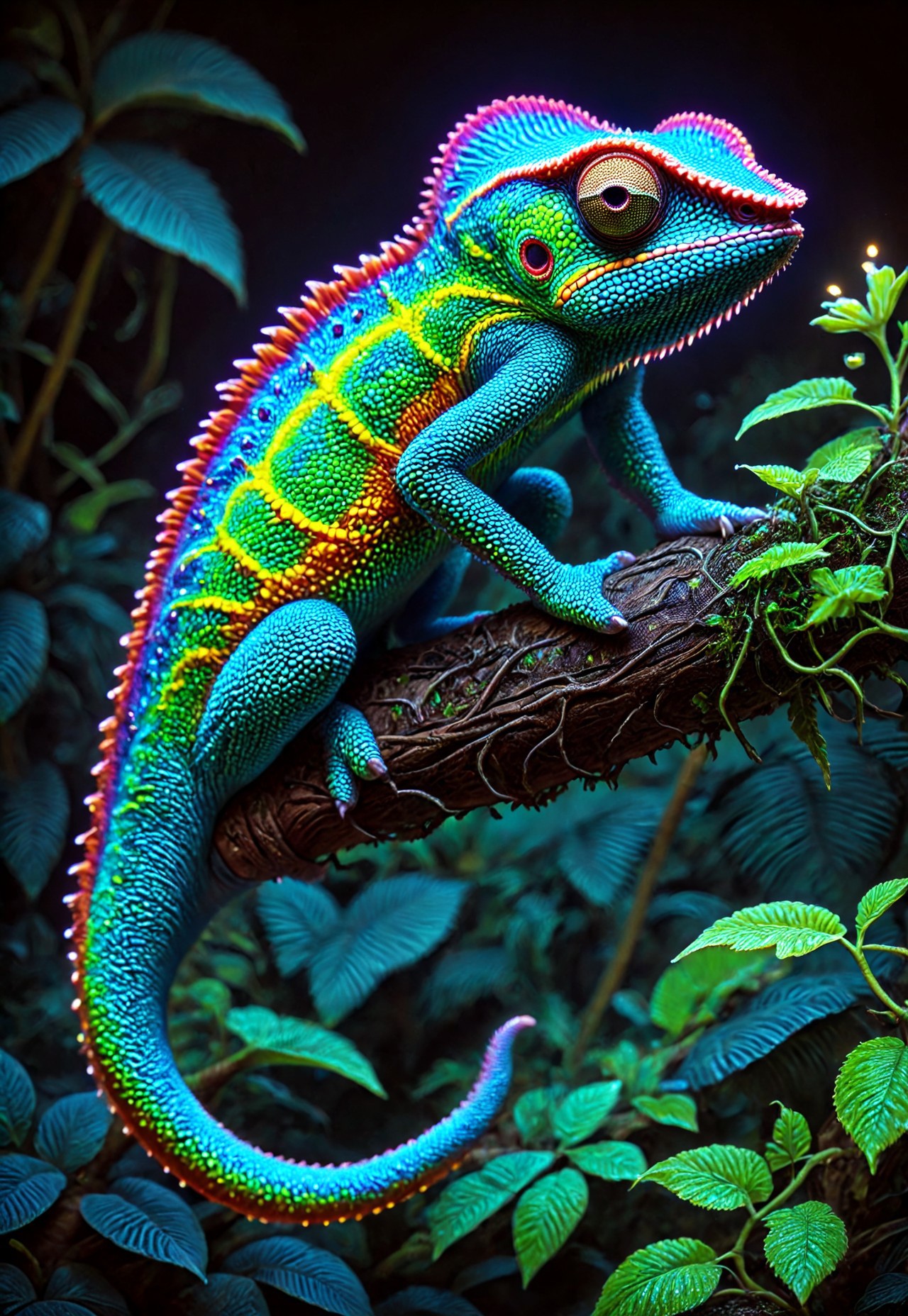 An epic photo of a bioluminescent chameleon  neon color, masterpiece, best quality, highly detailed, sharp focus, dynamic lighting, flux-style,