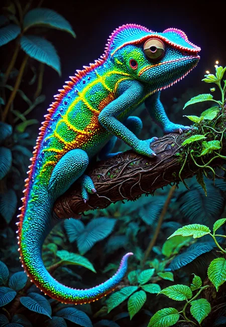 An epic photo of a bioluminescent chameleon  neon color, masterpiece, best quality, highly detailed, sharp focus, dynamic lighting, flux-style,