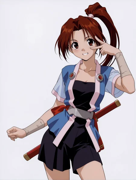 masterpiece,best quality,newest,
1girl,solo,
<lora:sakura_ilxl_v1.0>,sakura,high ponytail,brown hair,brown eyes,
s_clothes,short_sleeves,open clothes,belt,ribbon,black short culottes,
sheath_on_back,
<lora:Fixhands_anime_bdsqlsz_V1:1>,simple_background,white_background,face_focus,grin,light_blush,looking_at_viewer,smile,v over eye,cowboy_shot,standing,portrait,