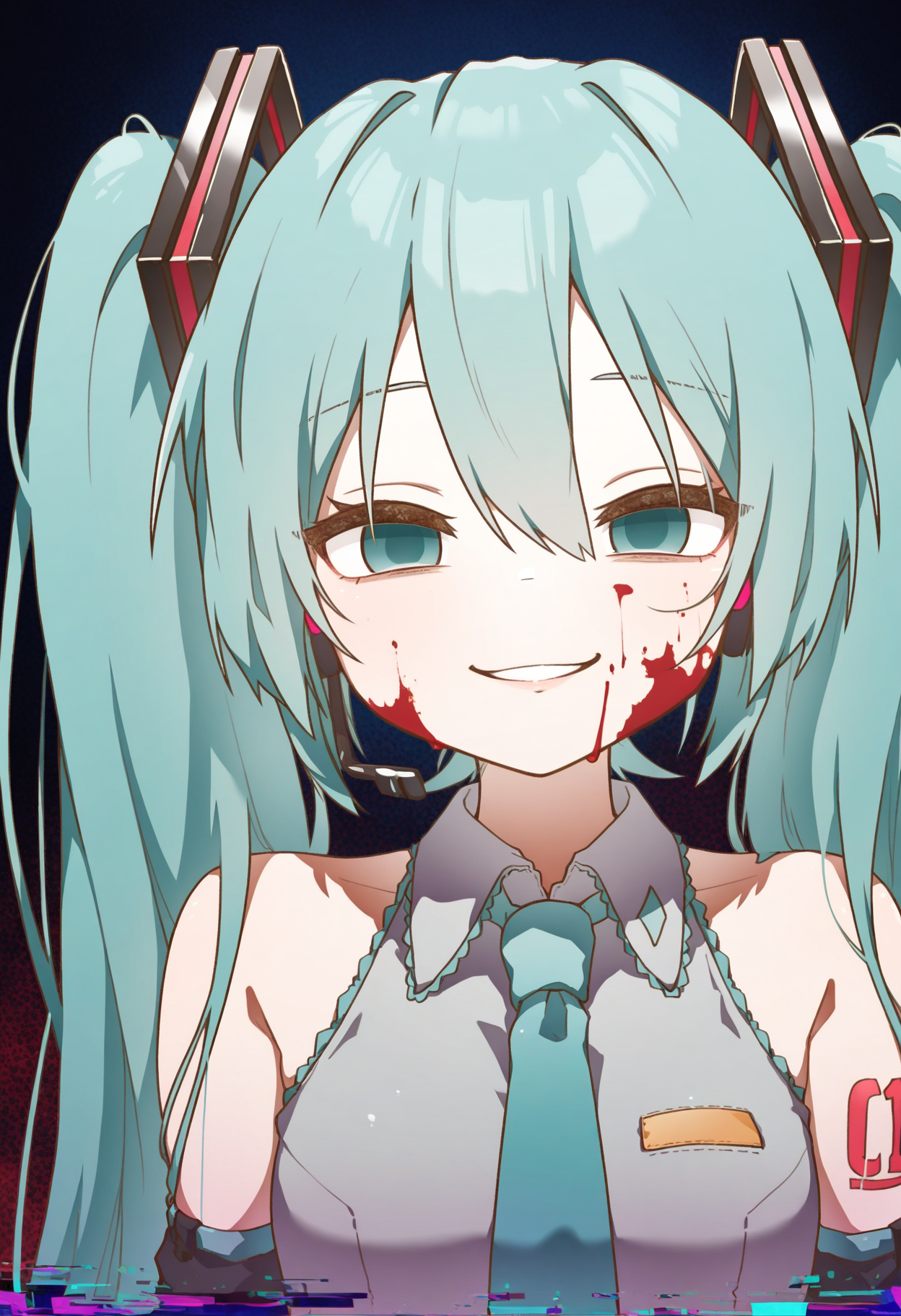 masterpiece,best quality,amazing quality,
glitch, 1girl, hatsune miku, solo, twintails, necktie, long hair, empty eyes, shirt, smile, looking at viewer, blood, aqua hair, upper body, sleeveless, blood on face, bare shoulders, sleeveless shirt, aqua necktie, aqua eyes, hair ornament, collared shirt, parted lips,
 <lora:MountainHan:1>