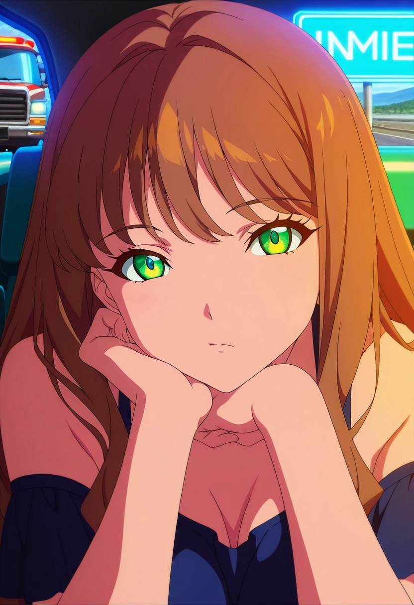 masterpiece, best quality, intricate details, anime screencap, anime coloring, official style, looking at viewer, 1girl, solo, <lora:yume_minami_ilxl:0.9>, yume_minami, brown hair, green eyes, long hair, bangs, highway rest stop, neon diner, parked trucks, glowing signs, resting pose, thoughtful expression, midnight atmosphere,